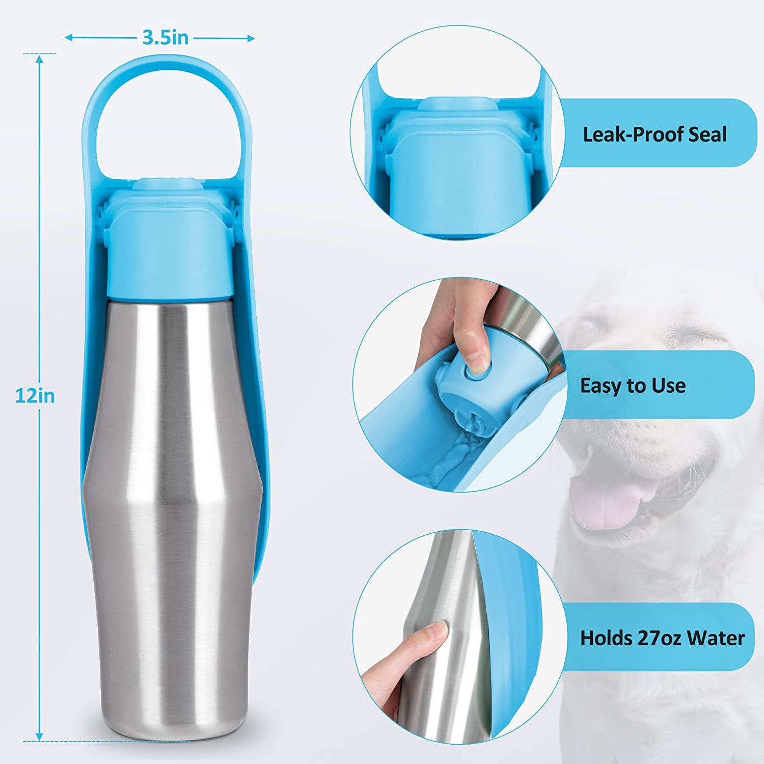 Dark Green 27oz Food-Grade 304 Stainless Steel Pet Water Bottle - Portable Dog and Cat Travel Cup, Outdoor Feeder for Walks and Hikes