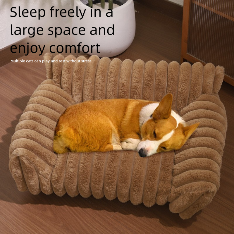 White Plush Ribbed Pet Sofa Bed for Dogs and Cats - Thickened Milk Velvet Cushion, Large Comfy Dog Sofa(50*40*20cm)