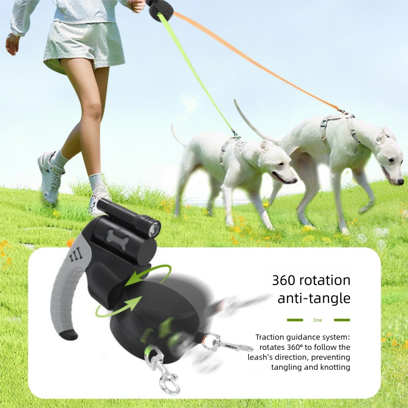Brown Dual Retractable Dog Leash - Tangle-Free 360 Degree Rotation - Built-in LED Flashlight, Individual Brake and Lock System for Two Dogs, Safety for Night Walking and Outdoor Training