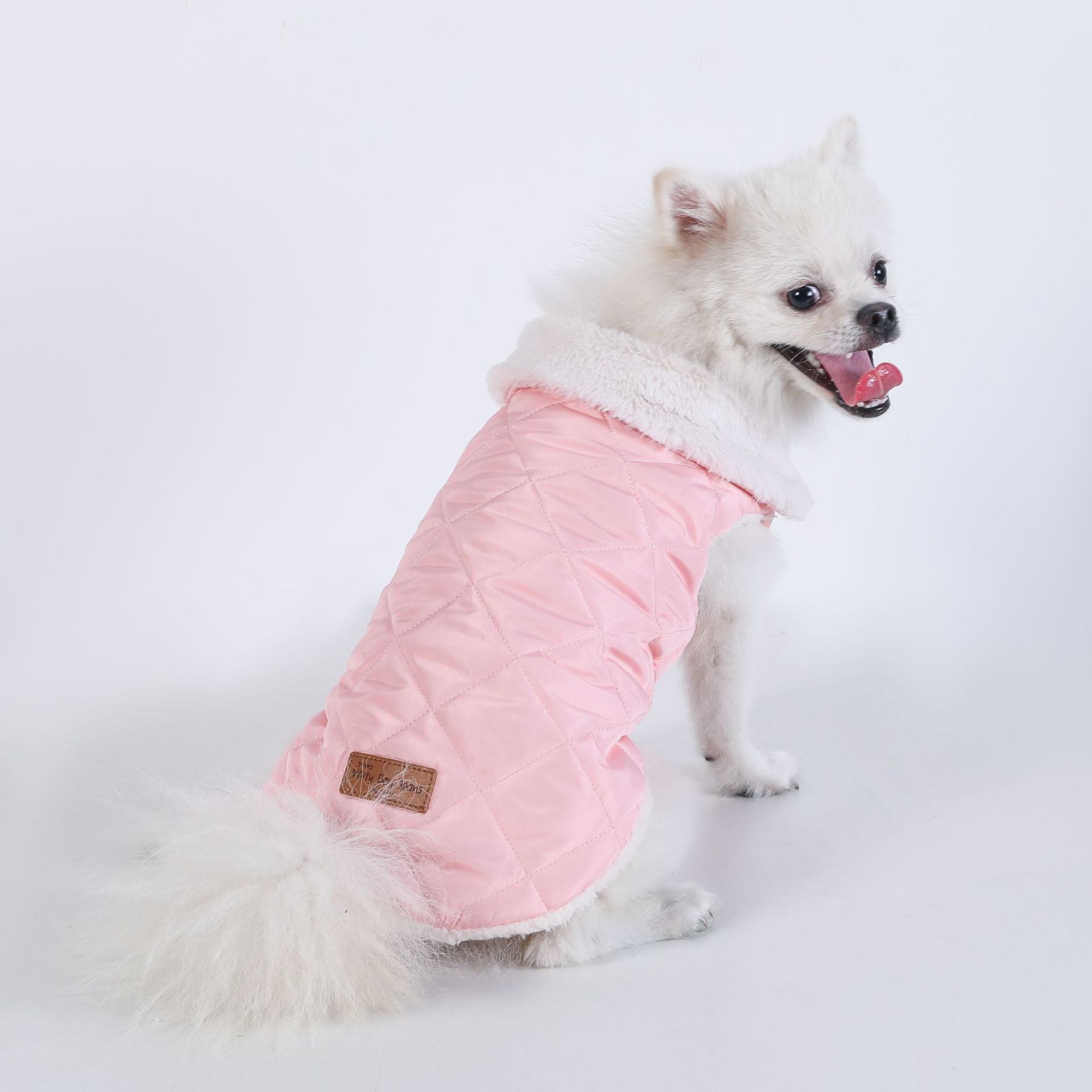 L Size Pink Winter Padded Cotton Dog Thermal Plaid Vest with Faux Fur Collar - Thick Fleece-Lined Warm Pet Jacket