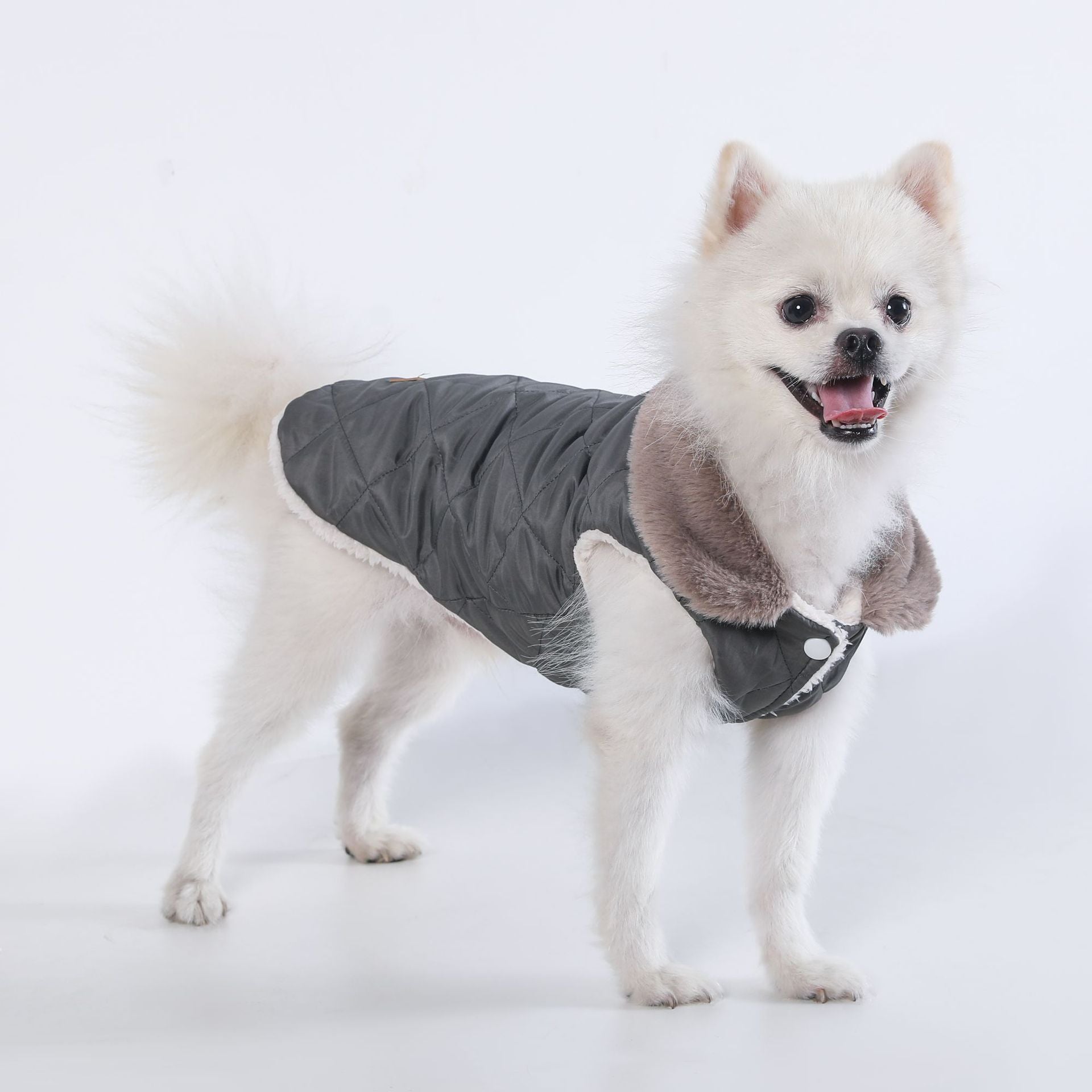 M Size Grey Winter Padded Cotton Dog Thermal Plaid Vest with Faux Fur Collar - Thick Fleece-Lined Warm Pet Jacket