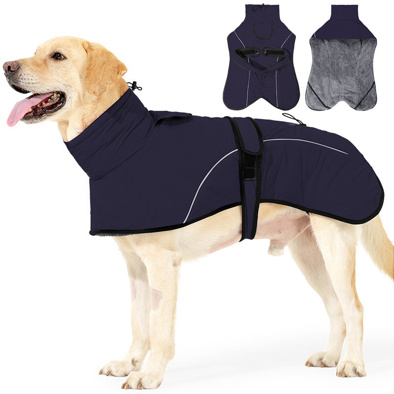 M Size Dark Blue Winter Waterproof Dog Puffer Vest with Adjustable Neckline / Belt and Leash Access - Reflective Long-Pile Fleece Lined Warm Cloak