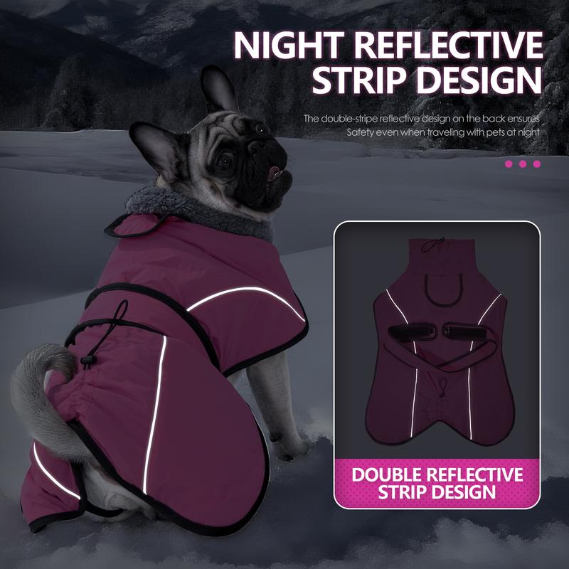M Size Dark Blue Winter Waterproof Dog Puffer Vest with Adjustable Neckline / Belt and Leash Access - Reflective Long-Pile Fleece Lined Warm Cloak
