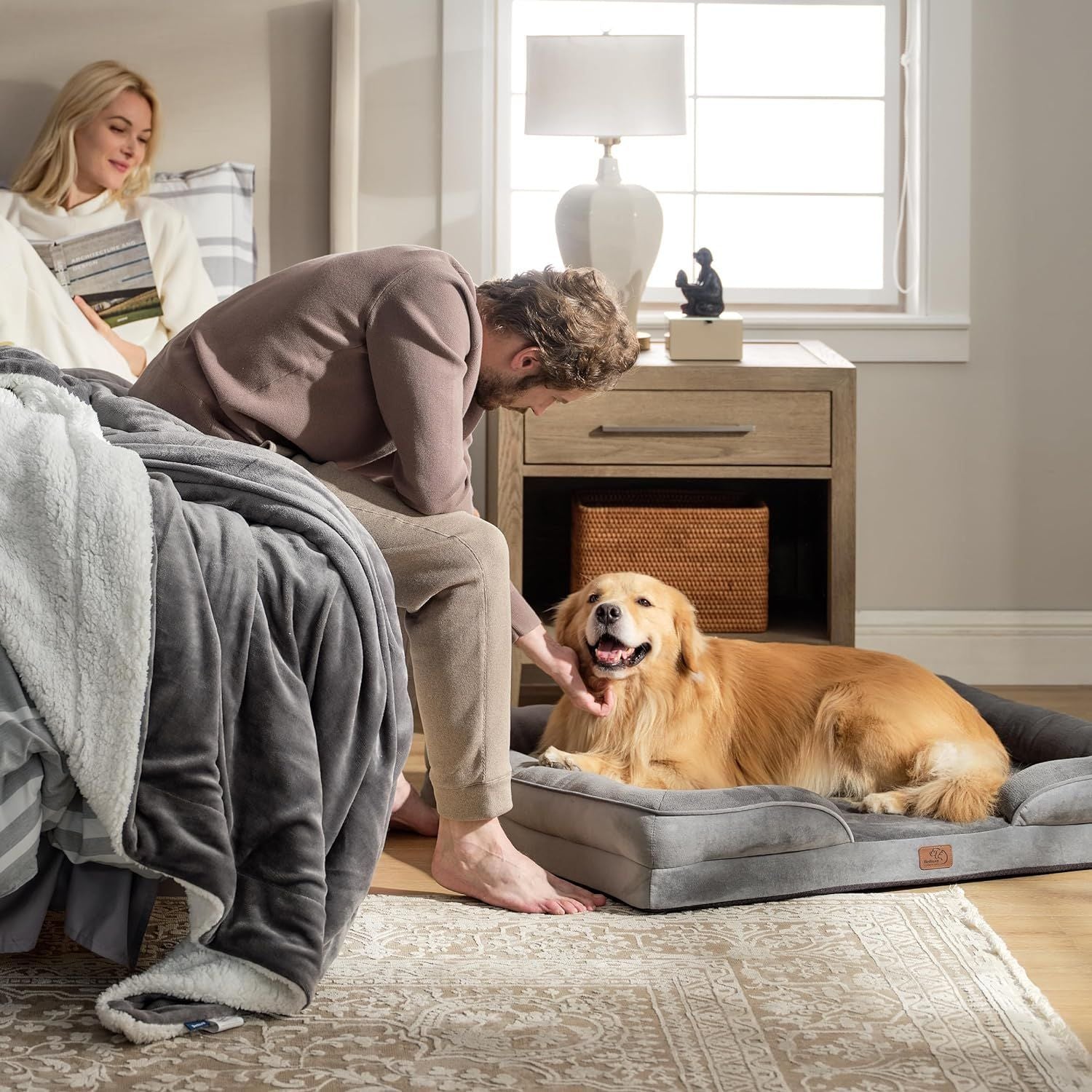 Brown Waterproof Egg-Crate Foam Therapeutic Pet Sofa Bed and Fleece Lounge (M Size 74 x 53 x 17 CM) - Low Entry, High Bolster Support & Zipper Removable Cover