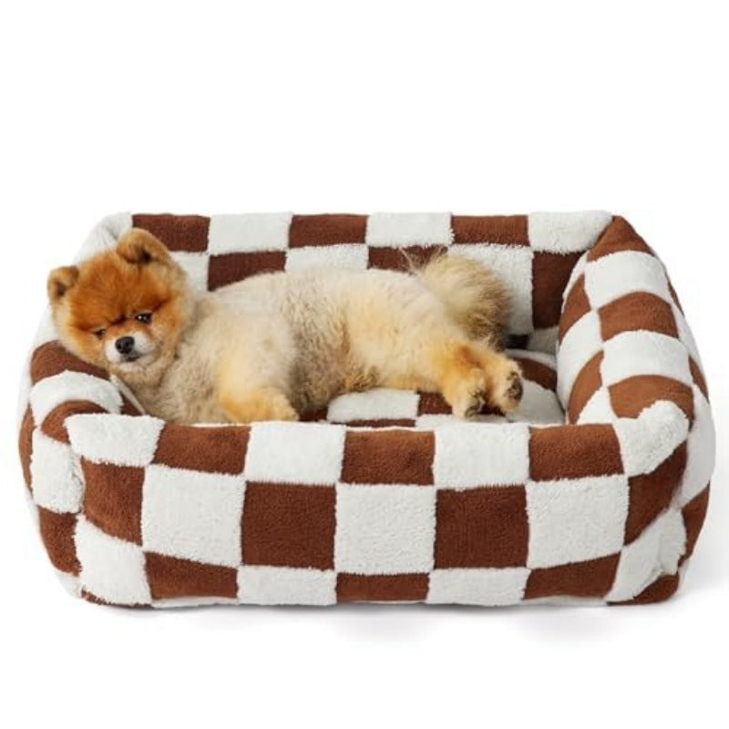 76x60x20 CM Cute Square Plush Pet Bed with Removable Cover & 5 Bolsters Support - Brown Plaid Machine Washable Calming Dog & Cat Sofa