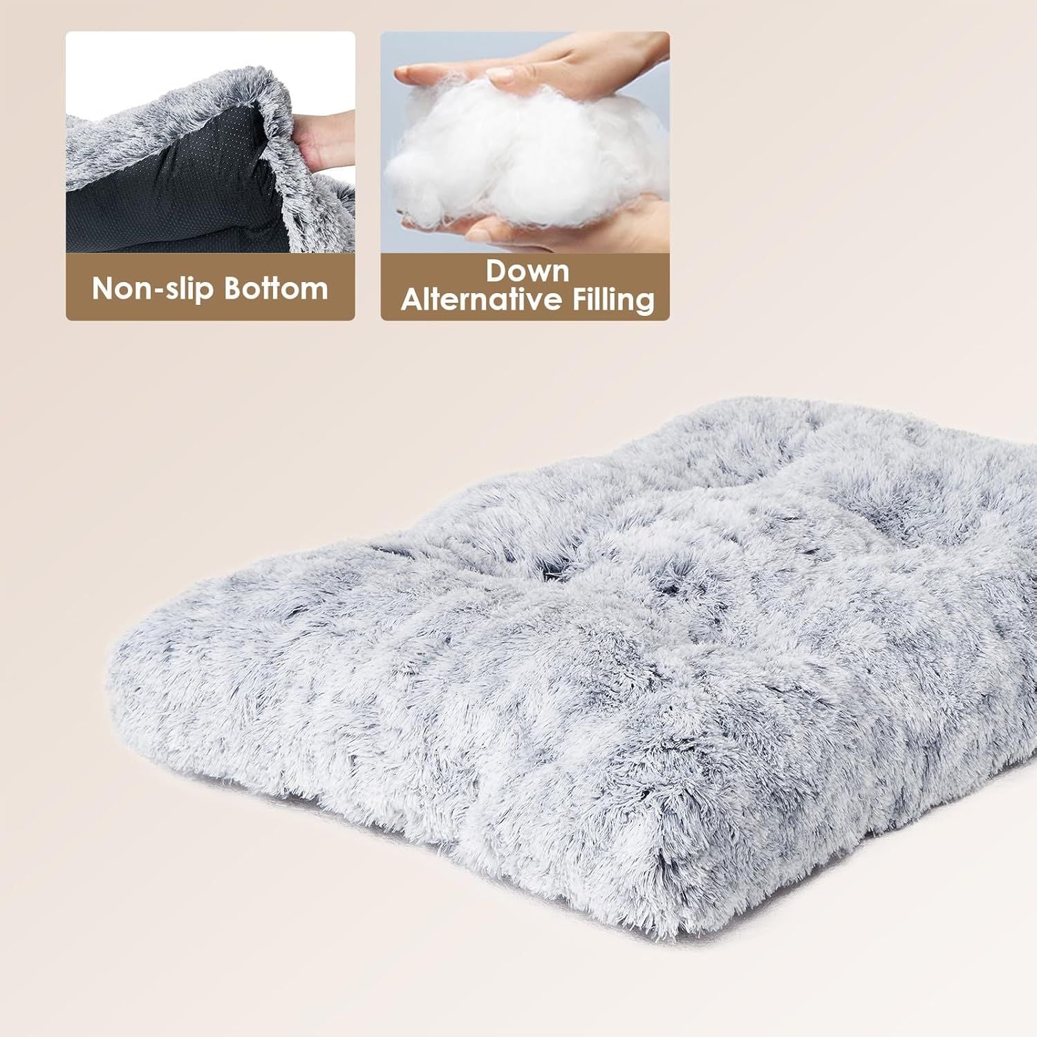 55 x 40 CM Winter Long Plush Dog Bed for Large Dogs - 10CM Thickened Fluffy Faux Fur Pad - Calming Anti Anxiety Pet Cushion with Non-Slip Bottom, Removable & Washable Heavy Duty Bedding, Grey S Size