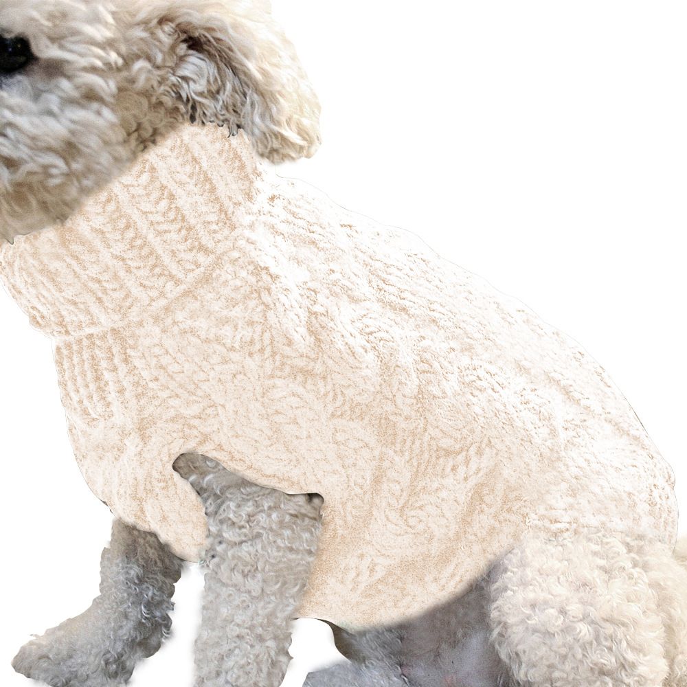 White L size Cosy Cable Knit Dog Jumper - Warm Winter Pet Clothing, Soft High Neck Design, Small to Medium Dogs, Easy Wear Pullover Style, Ideal for Chilly Evenings and Outdoor Walks
