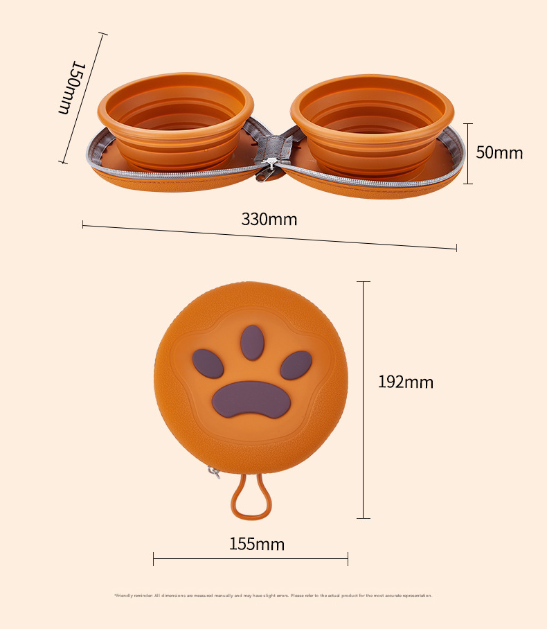 Pink Portable Collapsible Silicone Pet Bowl - Food Grade Silicone - Dual Bowl Design, Adjustable Height, Lightweight & Compact, Bear Paw Pattern, for Dogs & Cats, Travel Friendly, Easy Clean