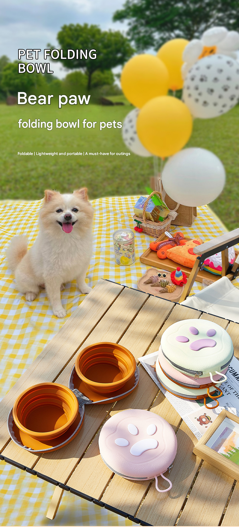 Brown and Yellow Portable Collapsible Silicone Pet Bowl - Food Grade Silicone - Dual Bowl Design, Adjustable Height, Lightweight & Compact, Bear Paw Pattern, for Dogs & Cats, Travel Friendly, Easy Clean