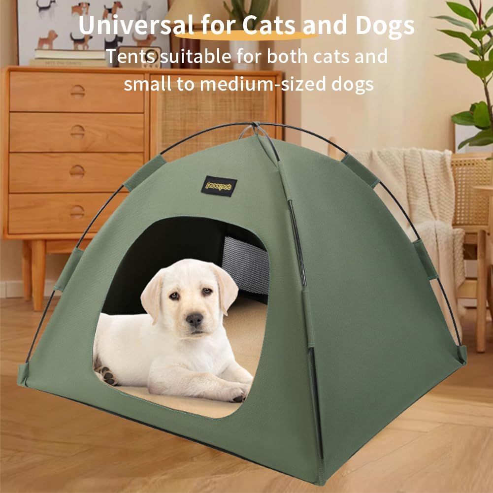 Grey All-Weather Portable Pet Tent with Dual-Sided Cushion & Insect-Proof Mesh – M Size 50 x 50 x 45 cm, Waterproof & Sun-Proof Outdoor Four Corner Dome Kennel for Dogs & Cats Travel Camping