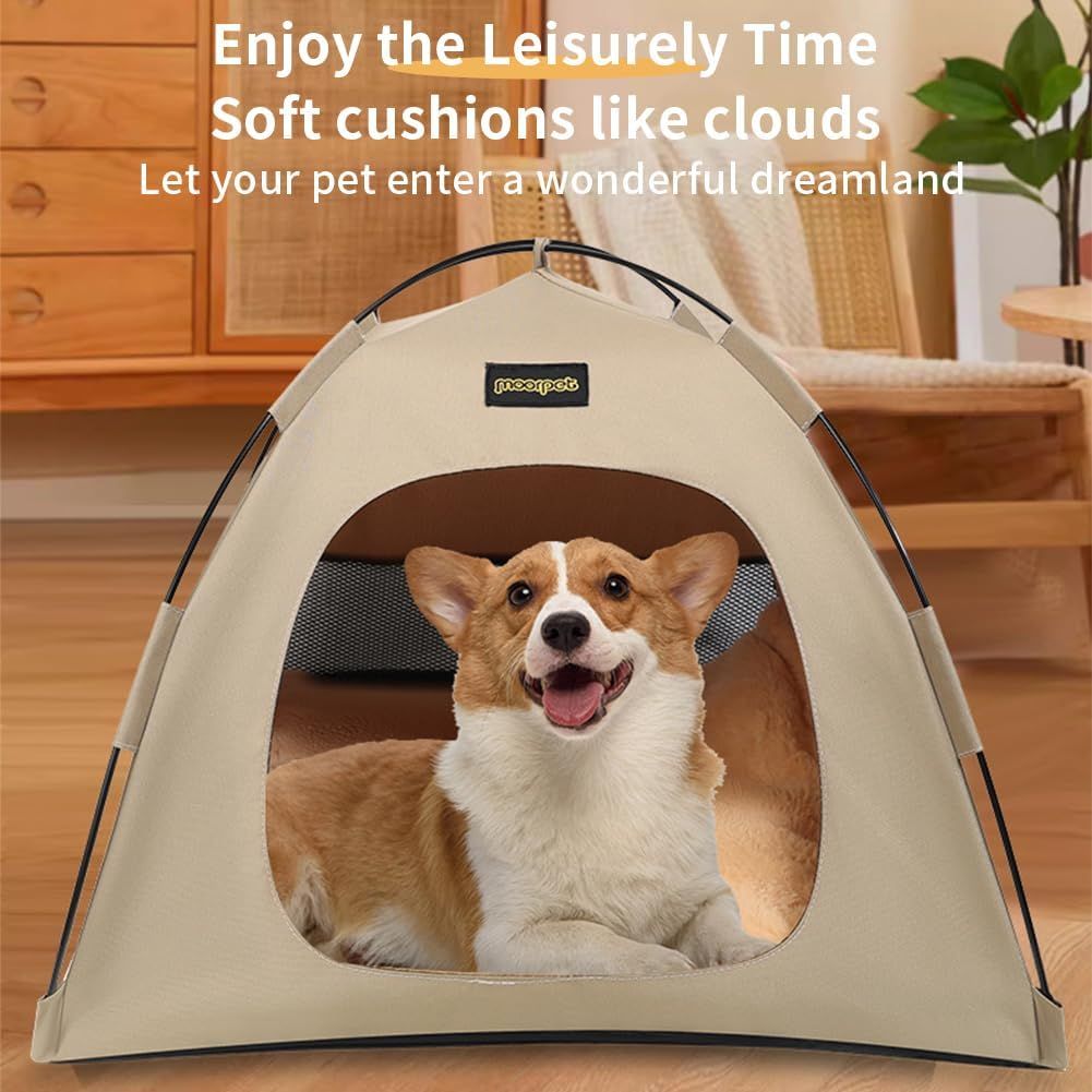 Khaki All-Weather Portable Pet Tent with Dual-Sided Cushion & Insect-Proof Mesh – M Size 50 x 50 x 45 cm, Waterproof & Sun-Proof Outdoor Four Corner Dome Kennel for Dogs & Cats Travel Camping