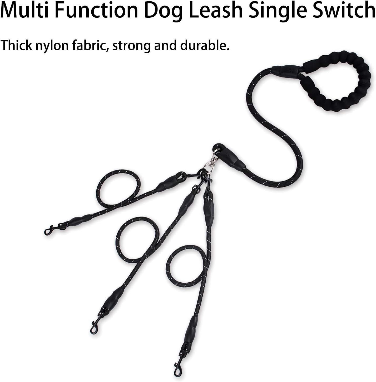 Red 3-in-1 No-Tangle Dog Leash for 1-3 Small Large Dogs – Heavy Duty 360° Swivel Bungee Coupler with Reflective Nylon Braid & Padded Handle