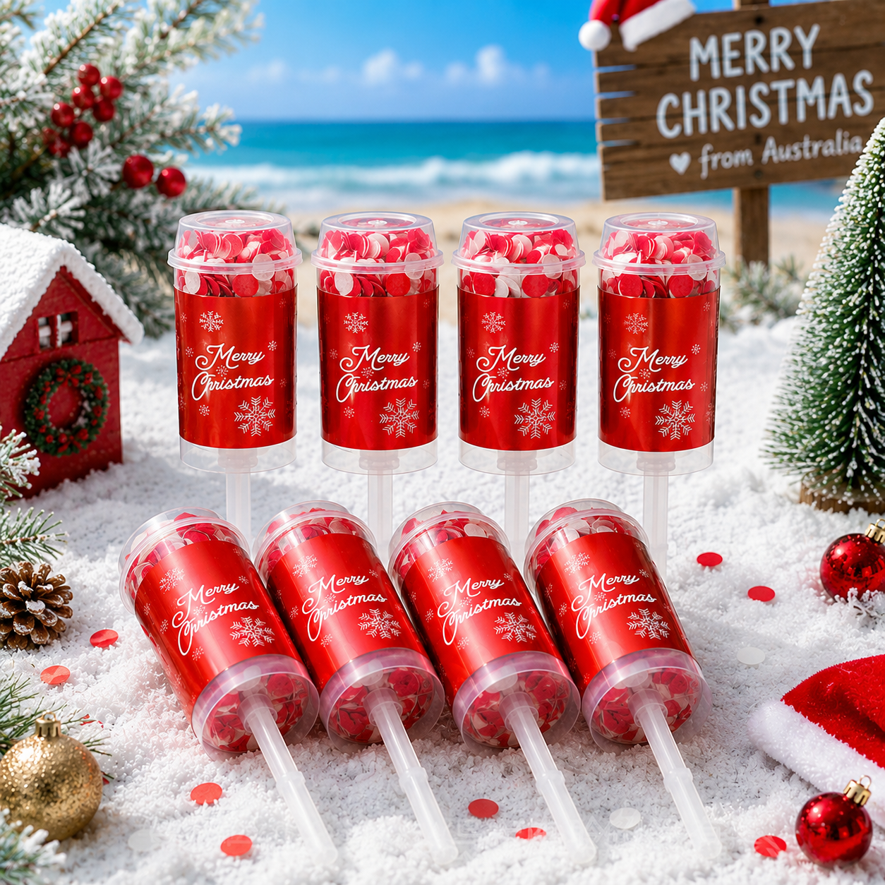 8PCS Red Christmas Push Pop Confetti Cannon, Reusable Hand Push Party Popper for Christmas Eve, Holiday Celebrations and Festive Events