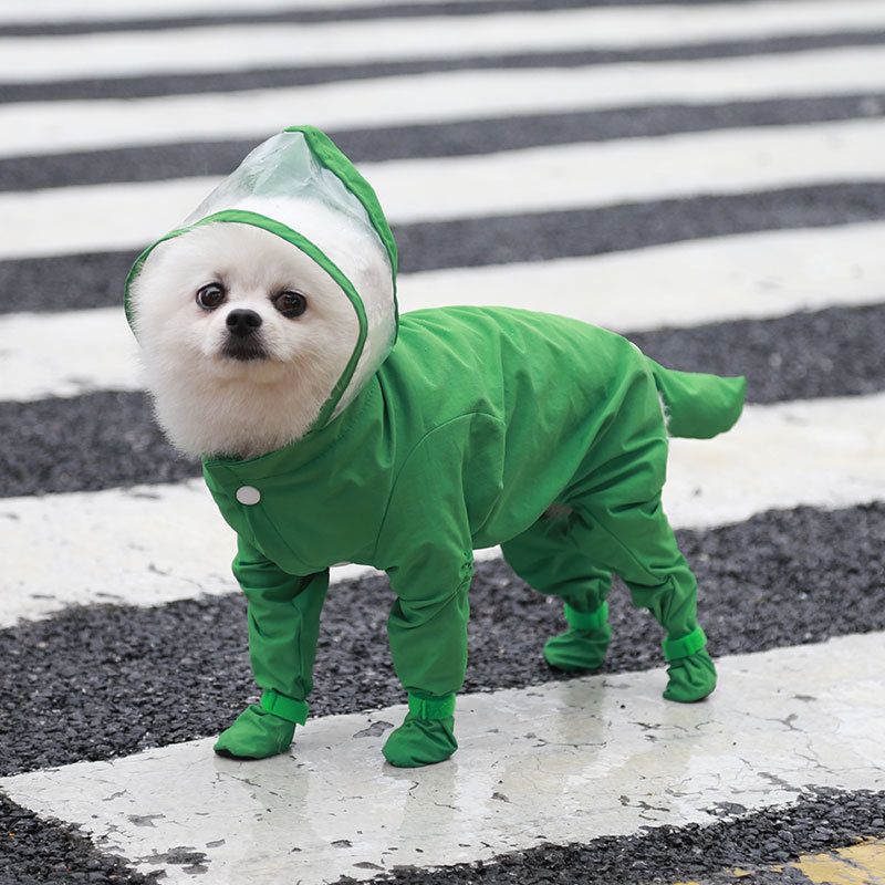 Green XL size Full Coverage Pet Raincoat Jumpsuit Waterproof Dog Rain Suit with Attached Shoes and Tail Cover-Lightweight Hooded Dog Poncho for Small Dogs