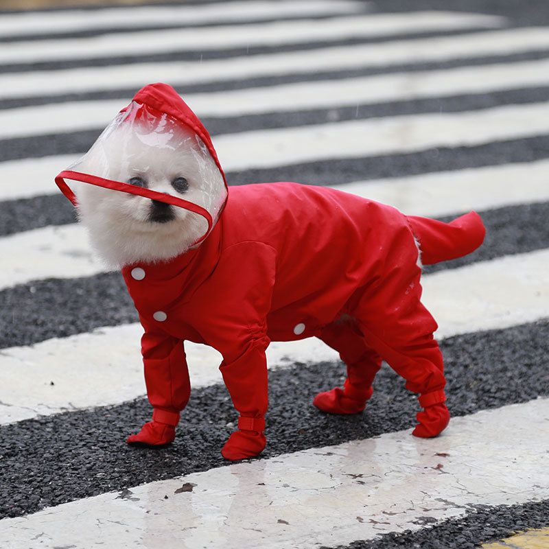 Red XL size Full Coverage Pet Raincoat Jumpsuit Waterproof Dog Rain Suit with Attached Shoes and Tail Cover-Lightweight Hooded Dog Poncho for Small Dogs