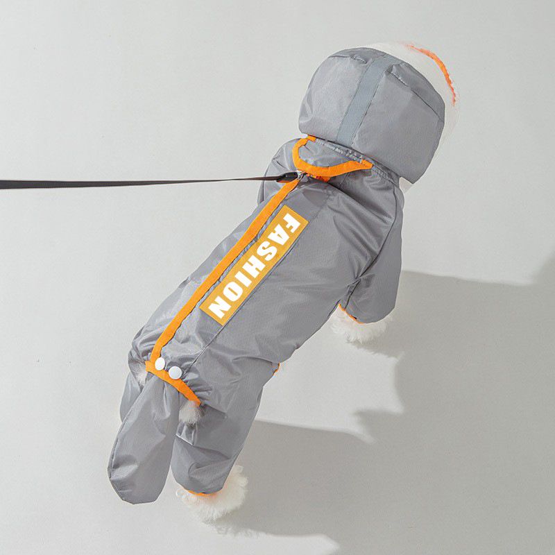 Grey and Orange L size Dog Raincoat with Leash Access and Transparent Hood - Waterproof Full Body Pet Rain Suit for Small and Medium Dogs, Reflective Trim, Removable Tail Cover, Outdoor Walking Apparel