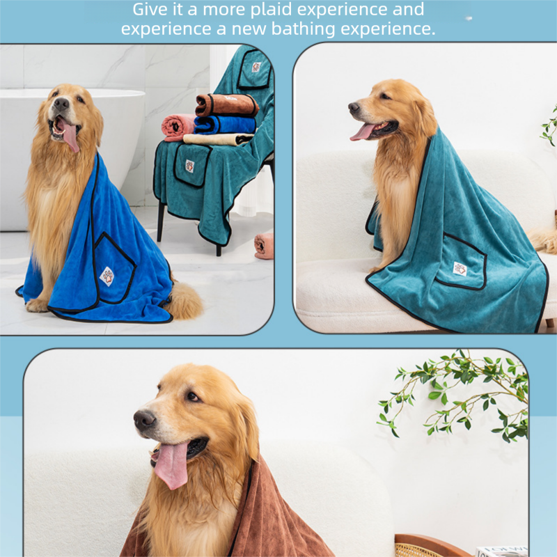 Blue-green 100*50cm icrofibre Pet Bath Towel with Hand Pockets - Super Absorbent Quick Dry Dog and Cat Drying Towel, Soft Grooming Blanket for Bathing, Cleaning and Everyday Pet Care