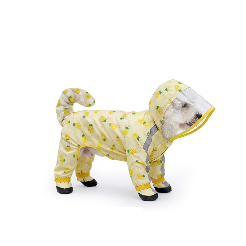 Yellow M size Pineapple Print Full-Cover Dog Raincoat with Transparent Hood, Waterproof Four-Leg Pet Rain Suit with Reflective Strips and Integrated Leash Ring for Small and Medium Dogs