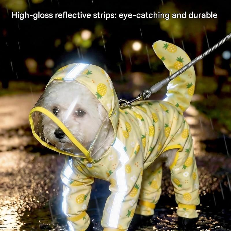 Yellow M size Pineapple Print Full-Cover Dog Raincoat with Transparent Hood, Waterproof Four-Leg Pet Rain Suit with Reflective Strips and Integrated Leash Ring for Small and Medium Dogs