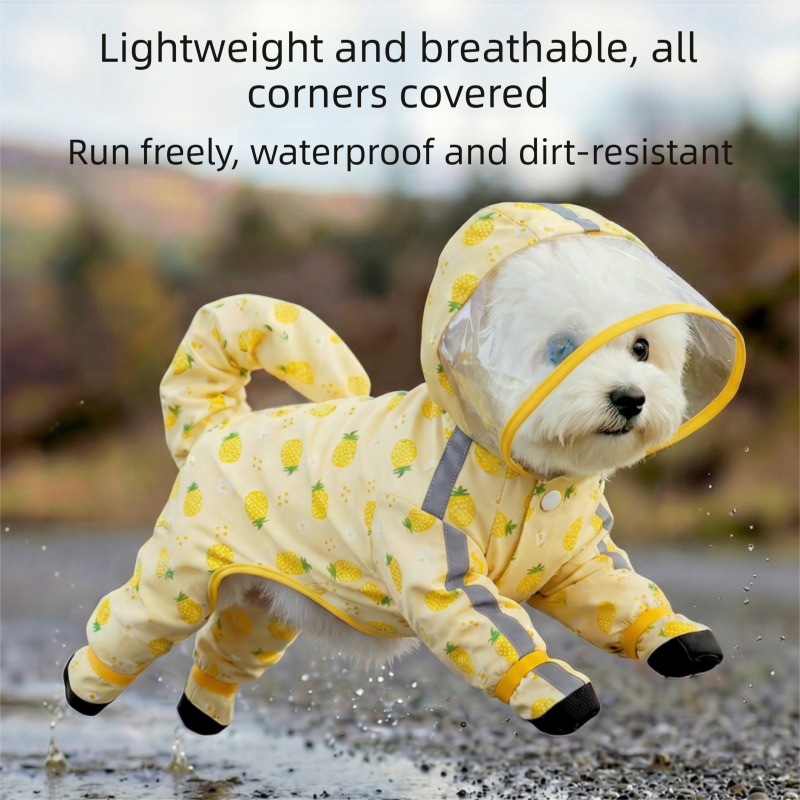 Yellow L size Pineapple Print Full-Cover Dog Raincoat with Transparent Hood, Waterproof Four-Leg Pet Rain Suit with Reflective Strips and Integrated Leash Ring for Small and Medium Dogs