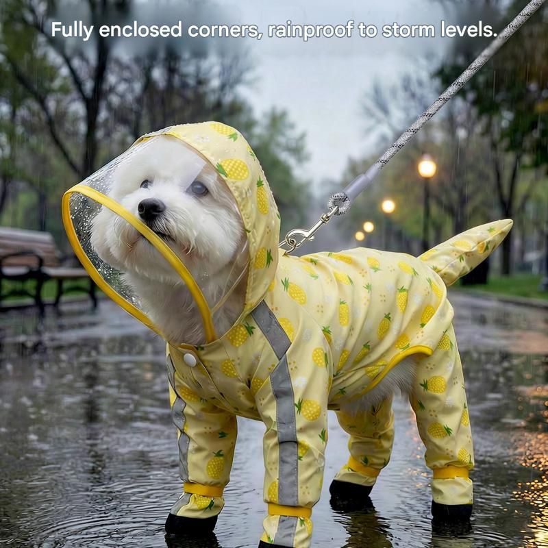 Yellow XL size Pineapple Print Full-Cover Dog Raincoat with Transparent Hood, Waterproof Four-Leg Pet Rain Suit with Reflective Strips and Integrated Leash Ring for Small and Medium Dogs
