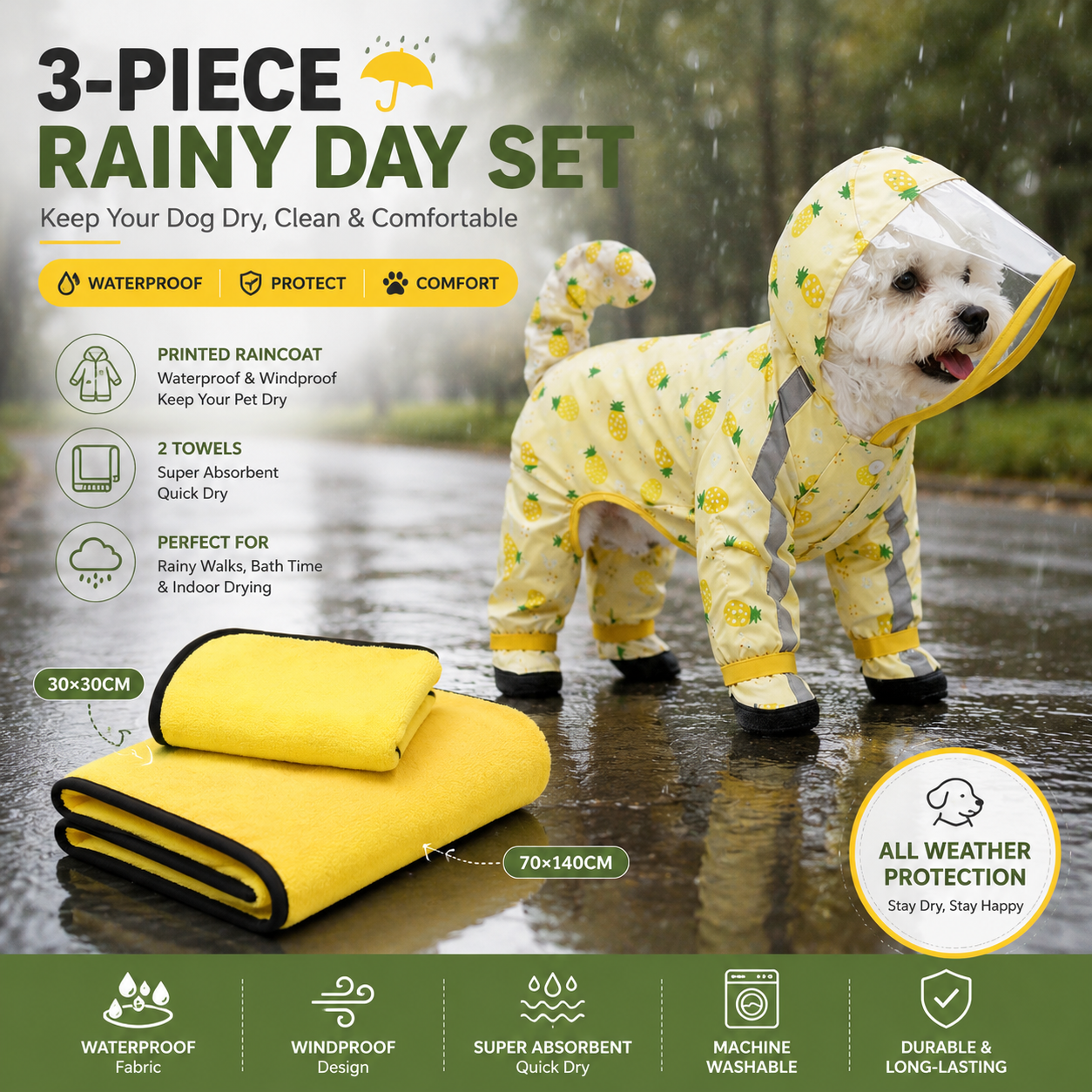 3-piece Dog Rainy Day Care Set with Yellow XL size Waterproof Raincoat, 30x30cm Paw Towel and 70x140cm Pet Bath Towel, Quick-Dry Pet Rain Protection Kit for Small and Medium Dogs
