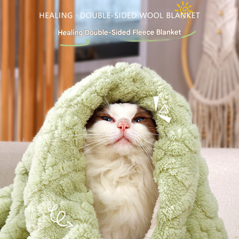 2-piece S size Green Pet Winter Comfort Bundle – 50*36cm Plush Pet Blanket and 40*25cm Thickened Pet Sleeping Bed Set for Dogs and Cats, Double-Sided Warm Blanket with Soft Plush Bed Cushion