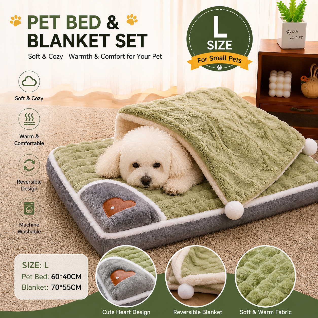 2-piece L size Green Pet Winter Comfort Bundle – 70*55cm Plush Pet Blanket and 60*40cm Thickened Pet Sleeping Bed Set for Dogs and Cats, Double-Sided Warm Blanket with Soft Plush Bed Cushion