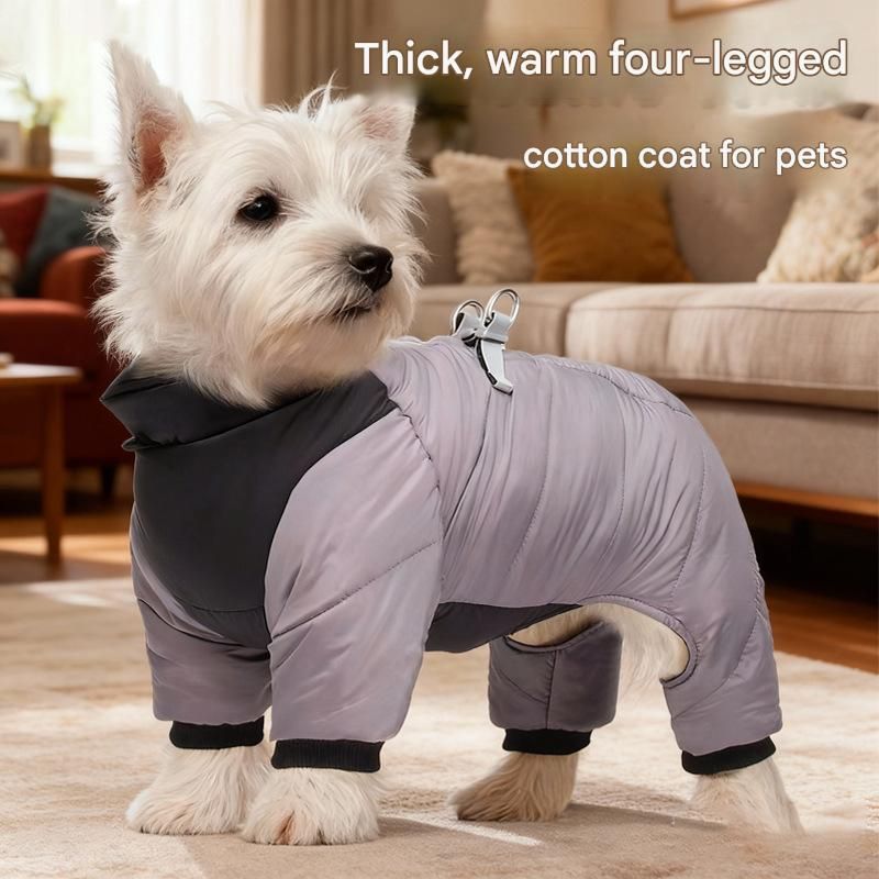 Grey L size Winter Dog Jumpsuit Coat – Waterproof Four-Leg Pet Jacket with Reflective Harness Clip, Windproof Warm Padded Puppy Snowsuit, Adjustable Polyester Dog Clothing for Small to Medium Dogs
