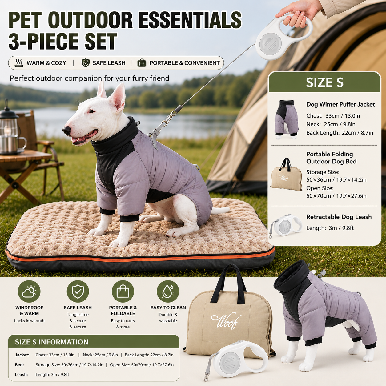 3-Piece Grey Winter Pet Outdoor Travel Set – grey s size Reflective Dog Puffer Jacket, grey 3m Retractable Leash & grey Portable Foldable Dog Bed