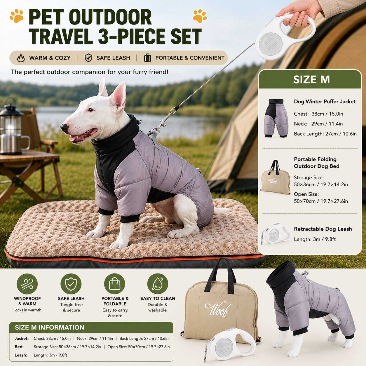 3-Piece Grey Winter Pet Outdoor Travel Set – grey m size Reflective Dog Puffer Jacket, grey 3m Retractable Leash & grey Portable Foldable Dog Bed