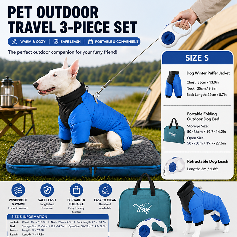 3-Piece Blue Winter Pet Outdoor Travel Set – blue s size Reflective Dog Puffer Jacket, blue 3m Retractable Leash & blue Portable Foldable Dog Bed