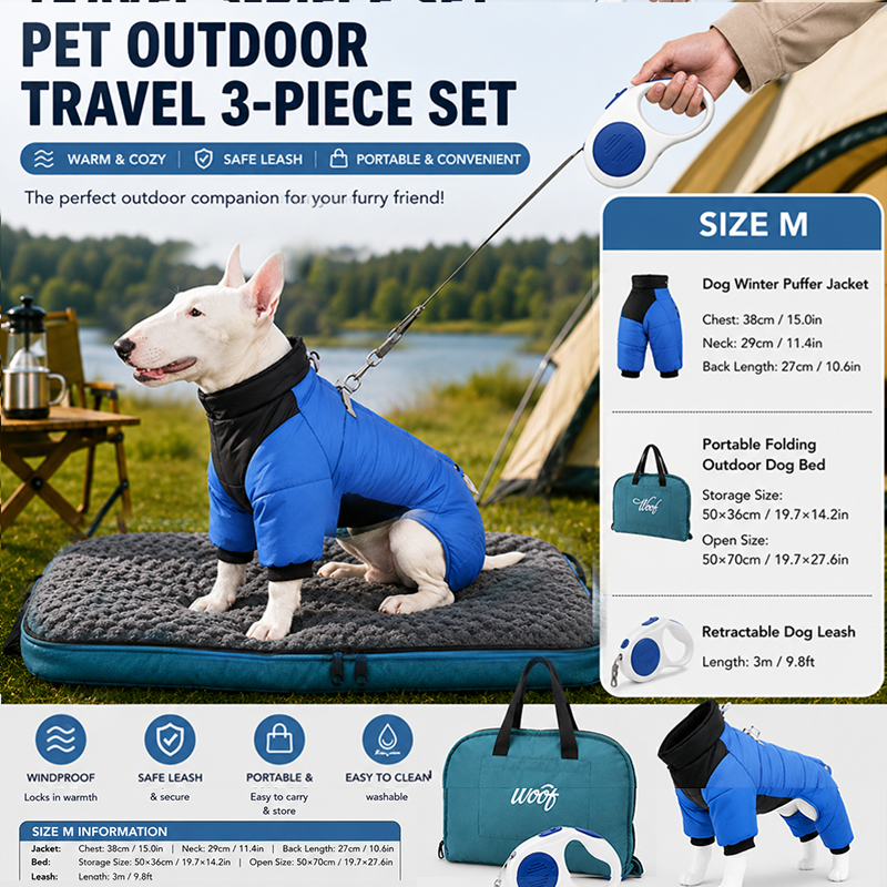 3-Piece Blue Winter Pet Outdoor Travel Set – blue m size Reflective Dog Puffer Jacket, blue 3m Retractable Leash & blue Portable Foldable Dog Bed