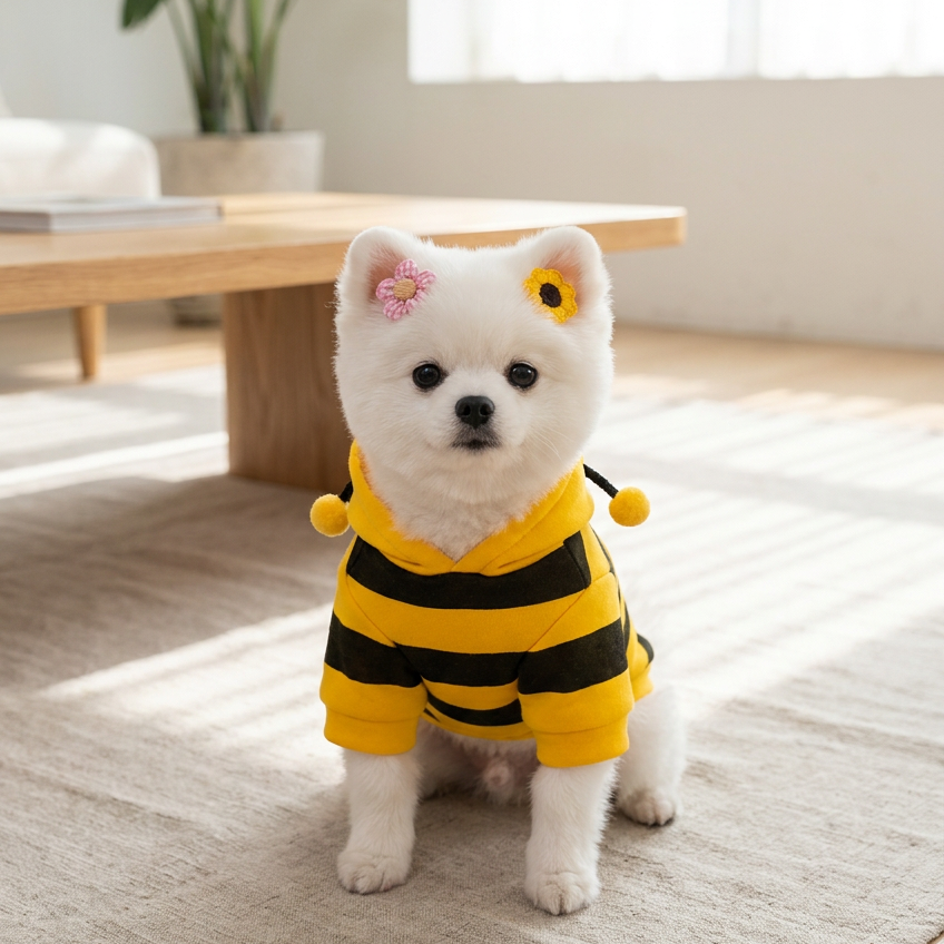 Size M Bee Fleece Hoodie Jumper for Small Dogs & Cats with 5 Hair Clips - Winter Warm Pet Apparel Australia