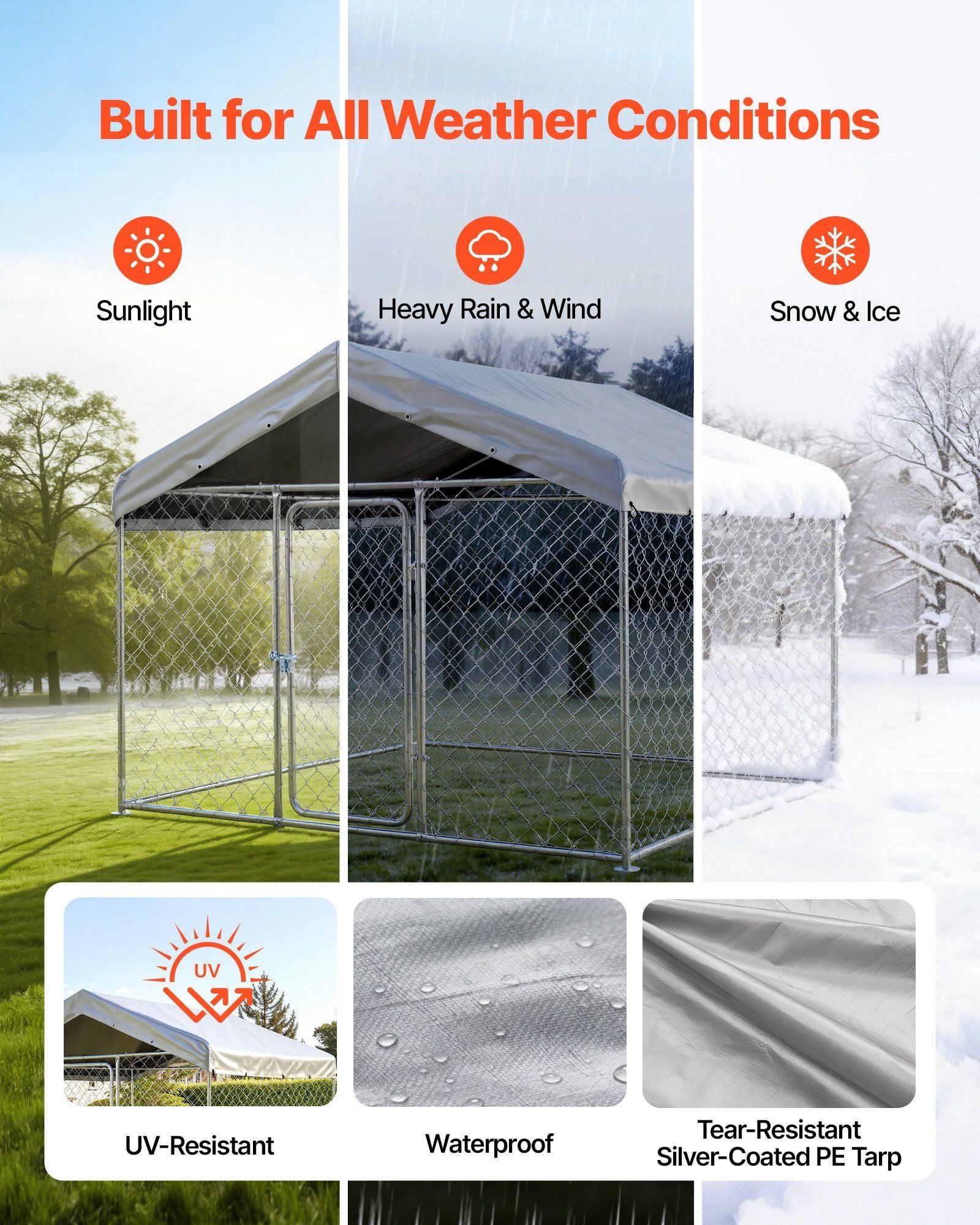 Outdoor Dog Kennel, 2 x 2 x 1.6 m Large Dog Kennel with Secure Lock, Outside Dogs Enclosures with UV-Resistant & Waterproof Roof Cover, Heavy Duty Pet Crate Cage Run for Large Dogs