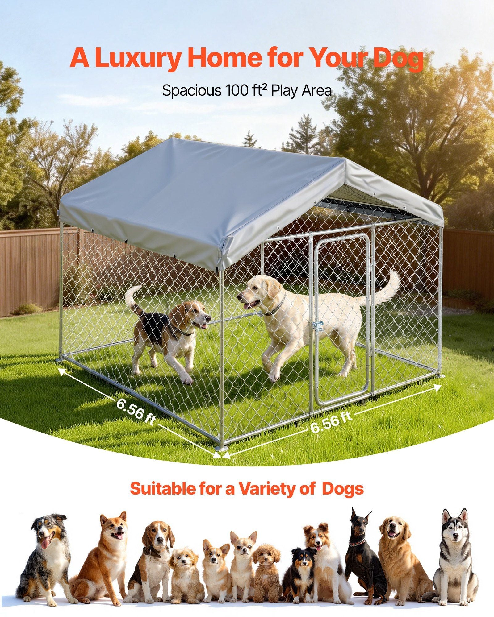 Outdoor Dog Kennel, 2 x 2 x 1.6 m Large Dog Kennel with Secure Lock, Outside Dogs Enclosures with UV-Resistant & Waterproof Roof Cover, Heavy Duty Pet Crate Cage Run for Large Dogs