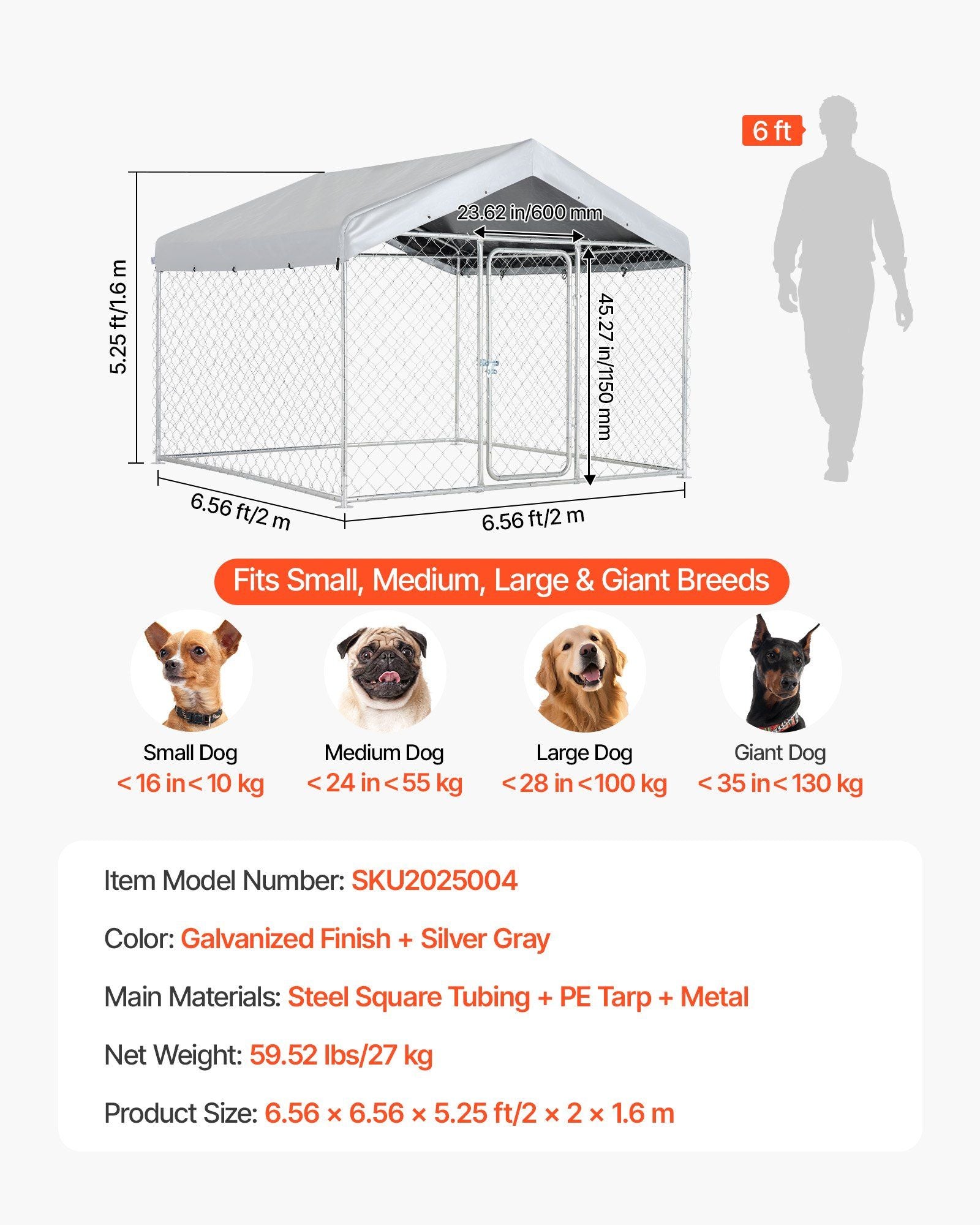 Outdoor Dog Kennel, 2 x 2 x 1.6 m Large Dog Kennel with Secure Lock, Outside Dogs Enclosures with UV-Resistant & Waterproof Roof Cover, Heavy Duty Pet Crate Cage Run for Large Dogs