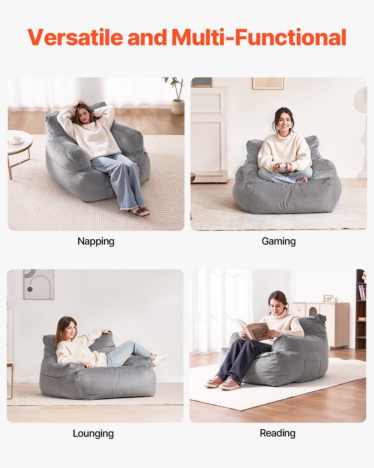 Bean Bag Chair, BeanBag Sofa Chair with Armrests for Adults, Fluffy Plush & High-Density Foam Filling Adult Bean Bag with Zapper, Comfy Lazy Sofa Chair Ideal for Living Room, Bedroom, Grey