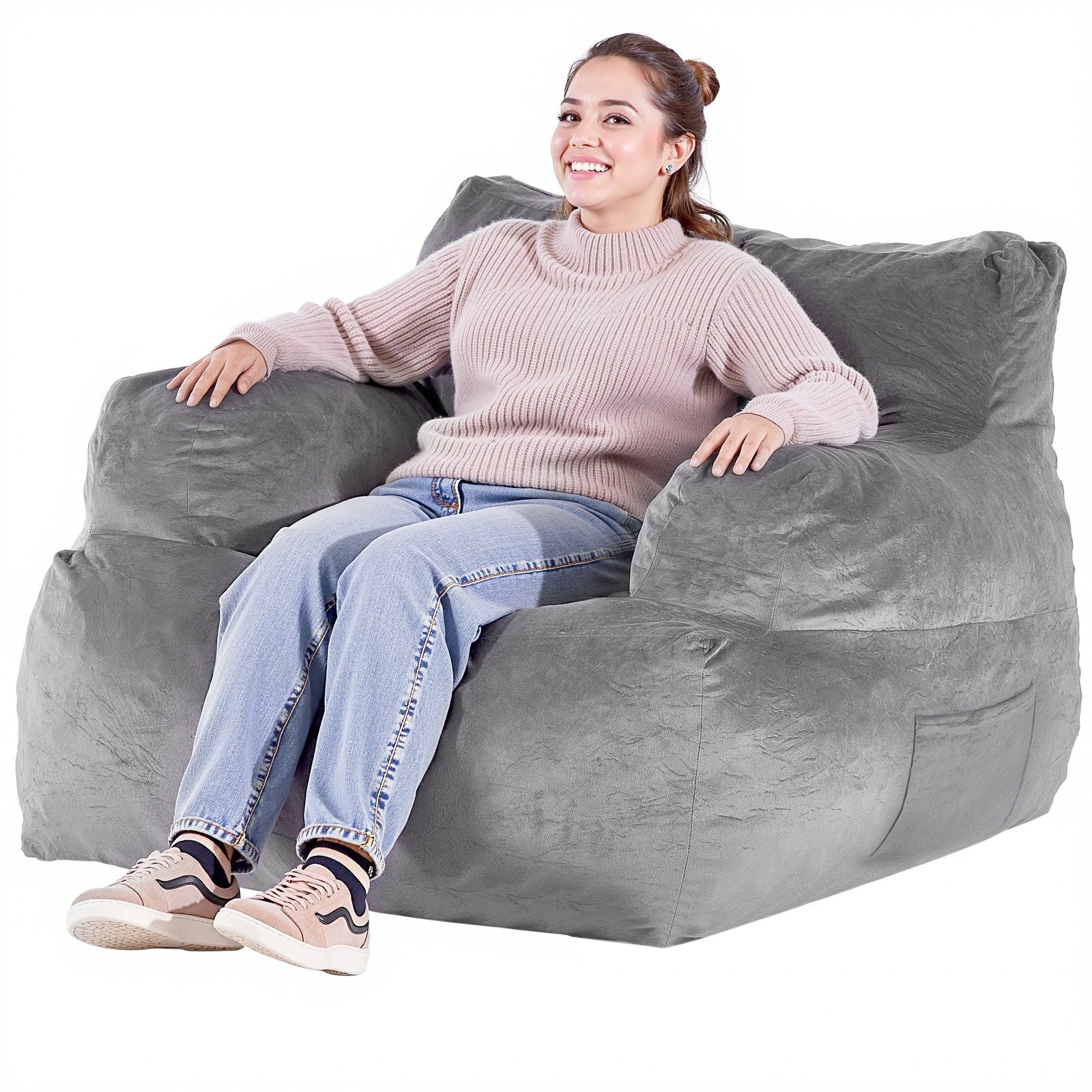 Bean Bag Chair, BeanBag Sofa Chair with Armrests for Adults, Fluffy Plush & High-Density Foam Filling Adult Bean Bag with Zapper, Comfy Lazy Sofa Chair Ideal for Living Room, Bedroom, Grey
