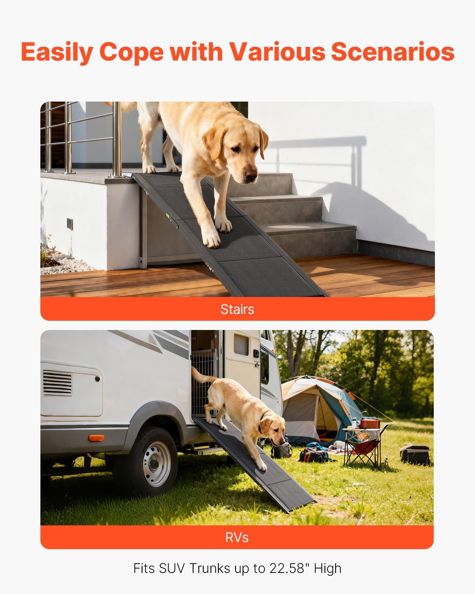 Dog Ramp for Cars, 1600 × 432 mm, Folding Pet Ramps for Medium & Large Dogs up to 113 kg, Pet Stair Ramp with Non-Slip Oxford Fabric Surface, Portable Outdoor Dog Car Ramps for SUV & Truck