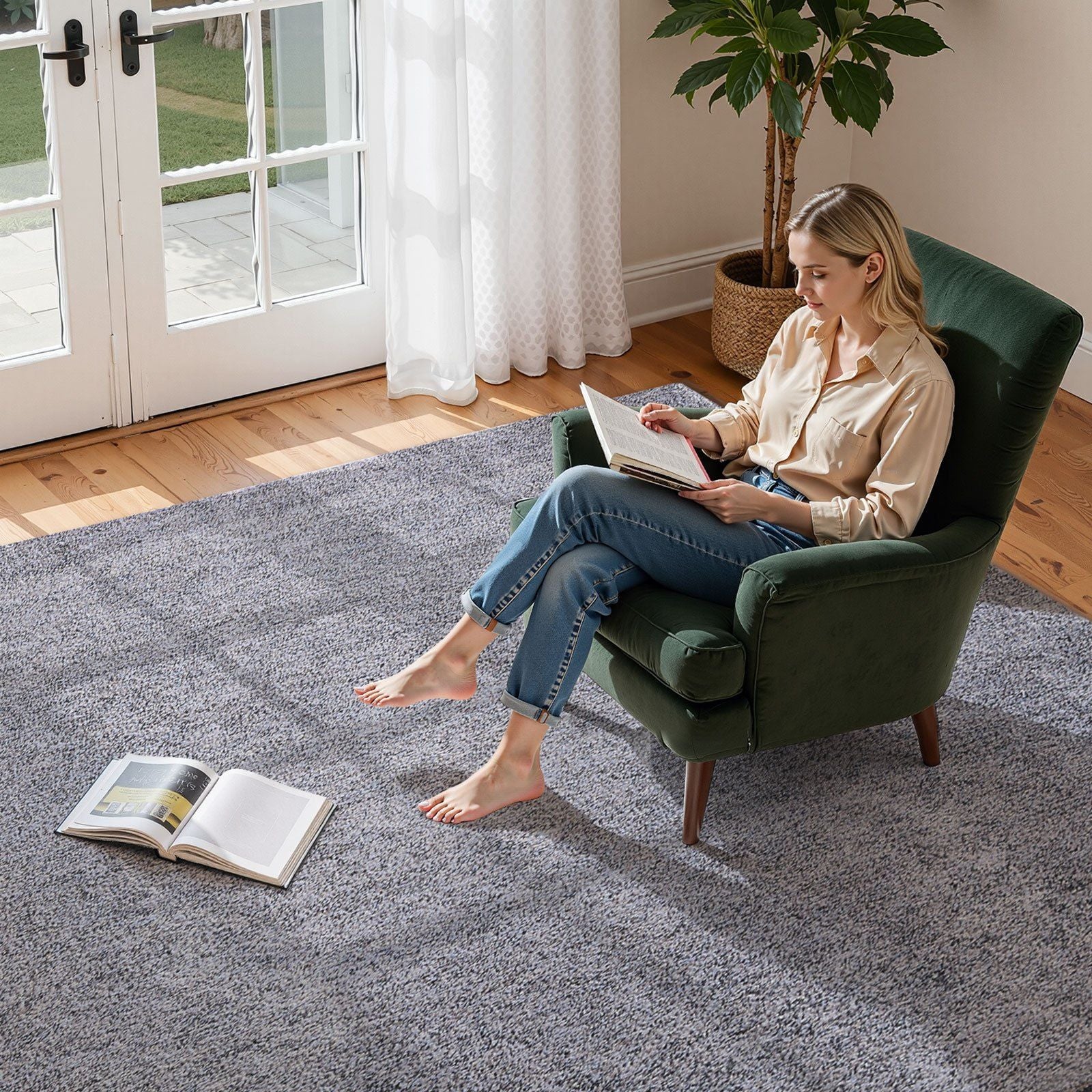 Indoor Plush Area Rugs, 2.44 x 3.05m Plush Carpet, Area Rugs Furry with Long Plushs Pile, Thick & Durable High-Pile Rug for High-Traffic Areas, Non-Shedding & Non-Slip Backing, Blue-Gray