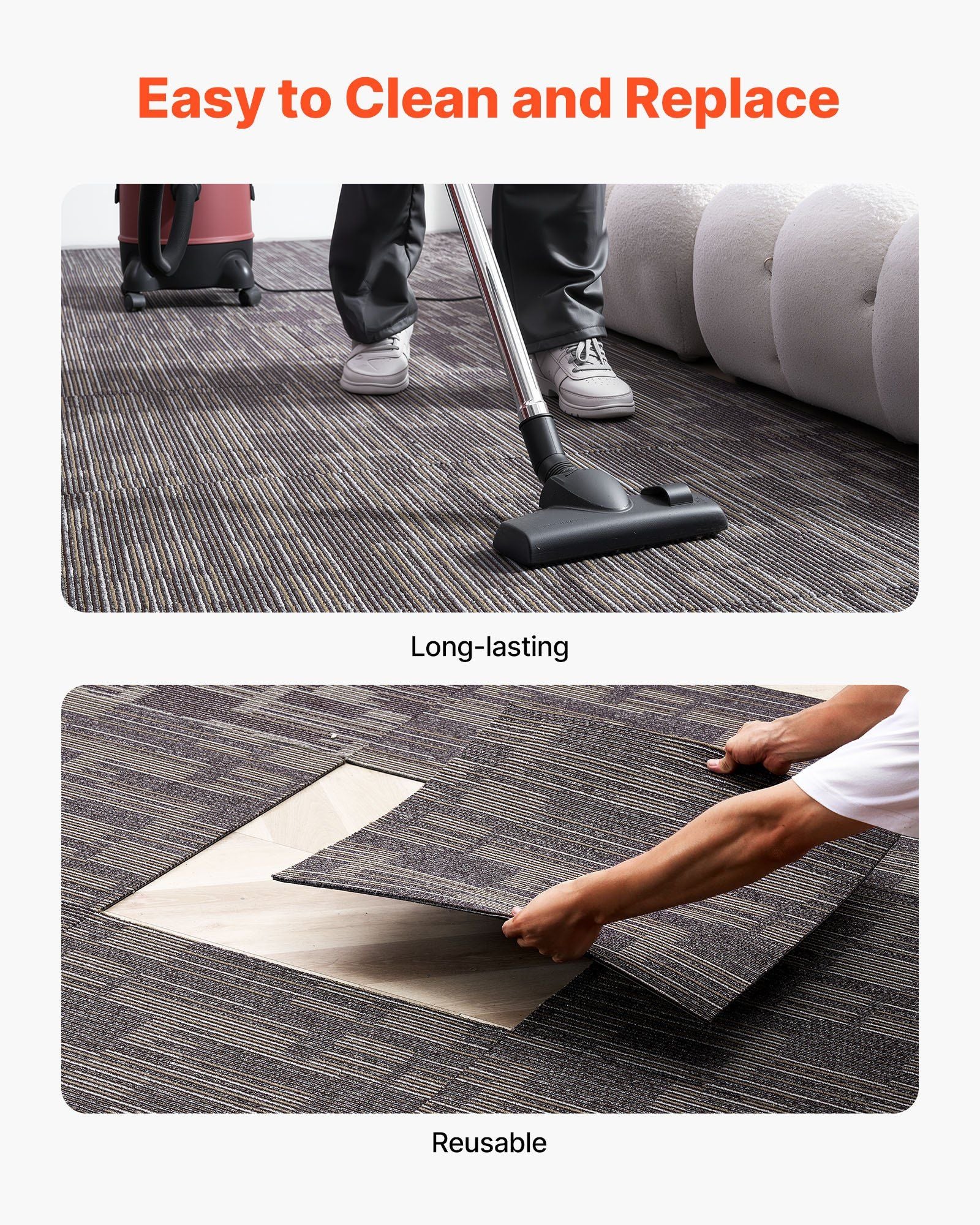 Carpet Tiles Reusable 610x610 mm, 24 PCS Modular Carpet Square Rug, Commercial Floor Soft Padded for Seamless Cover 8.9㎡, Easy DIY Replacement for Living Room Bedroom Indoor, Gray & Brown