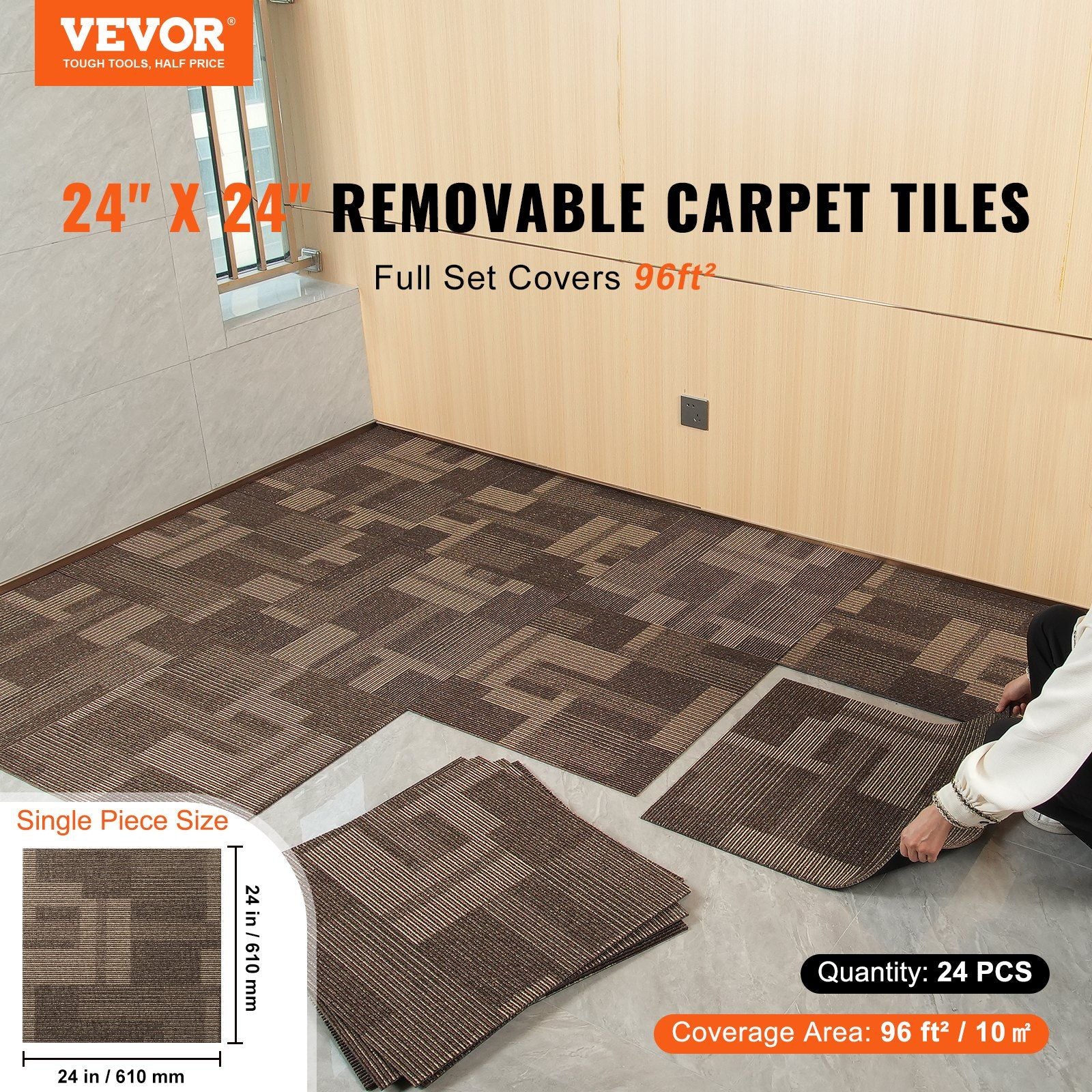 Carpet Tiles Reusable, 24"x 24"Carpet Squares With Padding Attached, Soft Padded Carpet Tiles, Easy Install DIY for Bedroom Living Room (24Tiles, Mixed Brown)