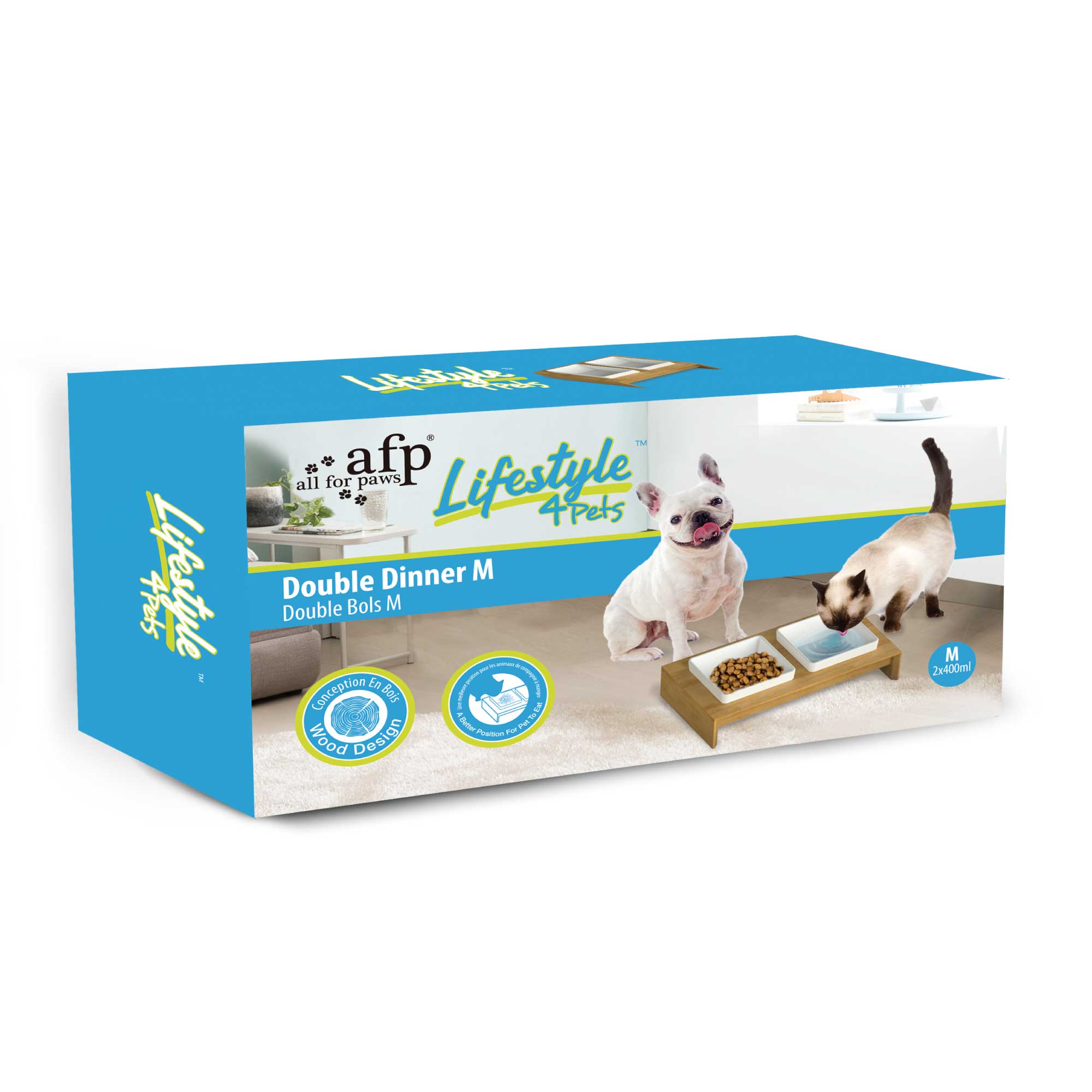 2x400ml Pet Double Dinner Ceramic Bowl - Elevated Wood Base Dog Cat Feeder