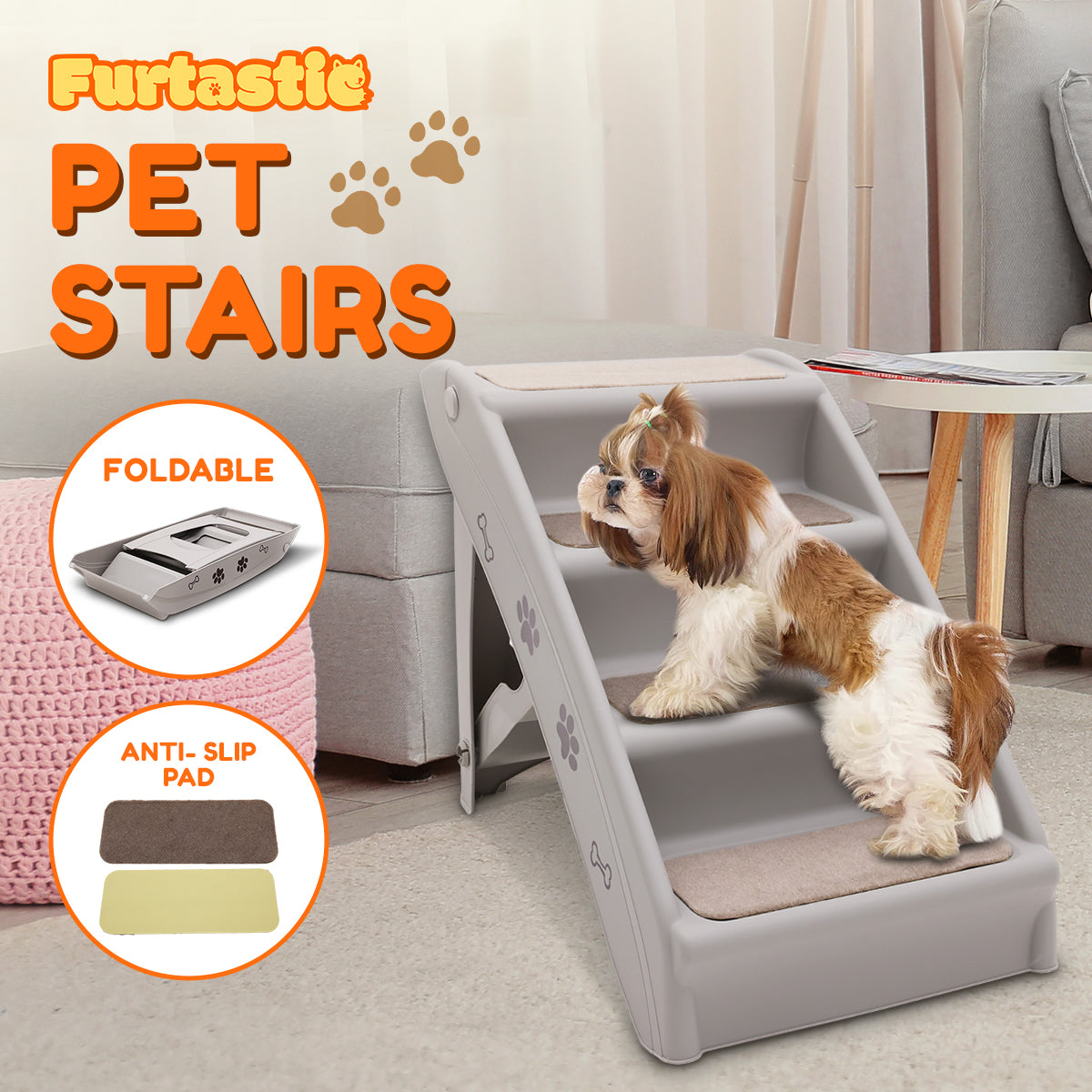 Furtastic Foldable Pet Stairs in Grey - 50cm Dog Ladder Cat Ramp with Petsby | Pet Essentials