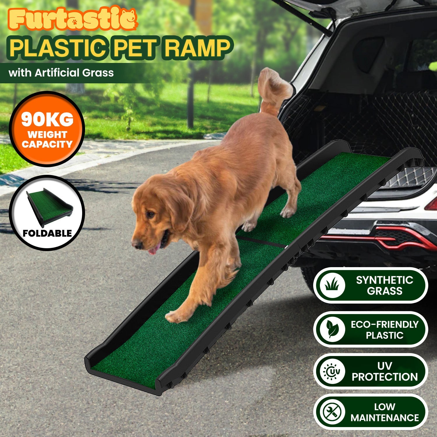 Furtastic Foldable Plastic Dog Ramp with Synthetic Grass Petsby | Pet Essentials