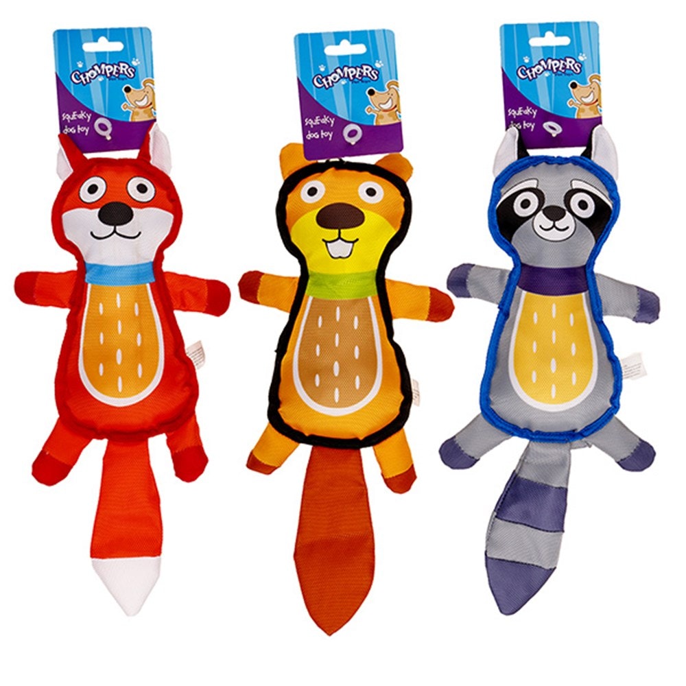 Chompers- Animals Plush dog toys with squeaker FOX/BEAVER/RACCOON 40X16CM-(1pc Random Animal)