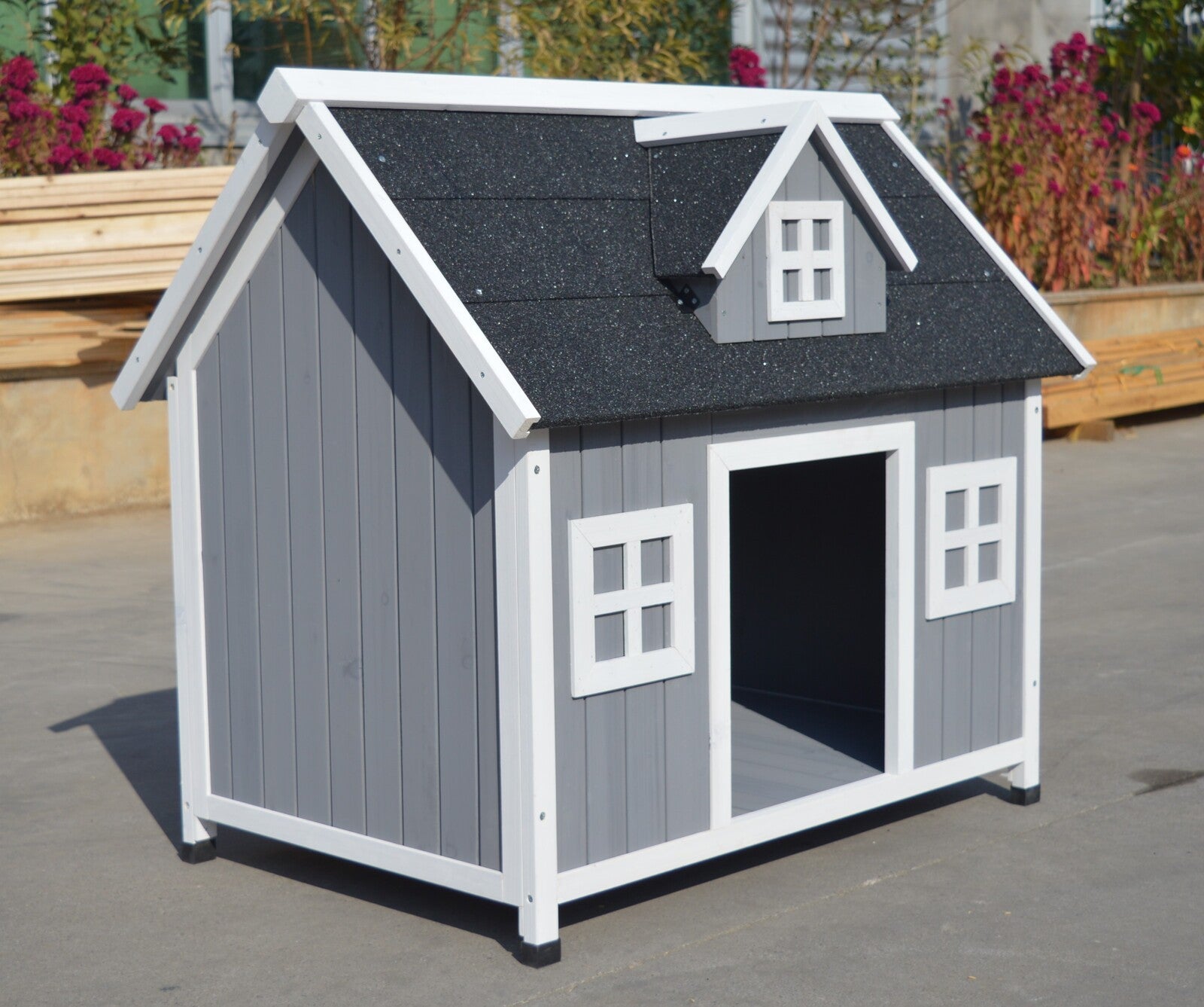 YES4PETS Grey Large Timber Pet Dog Puppy Wooden Cabin Kennel Timber House