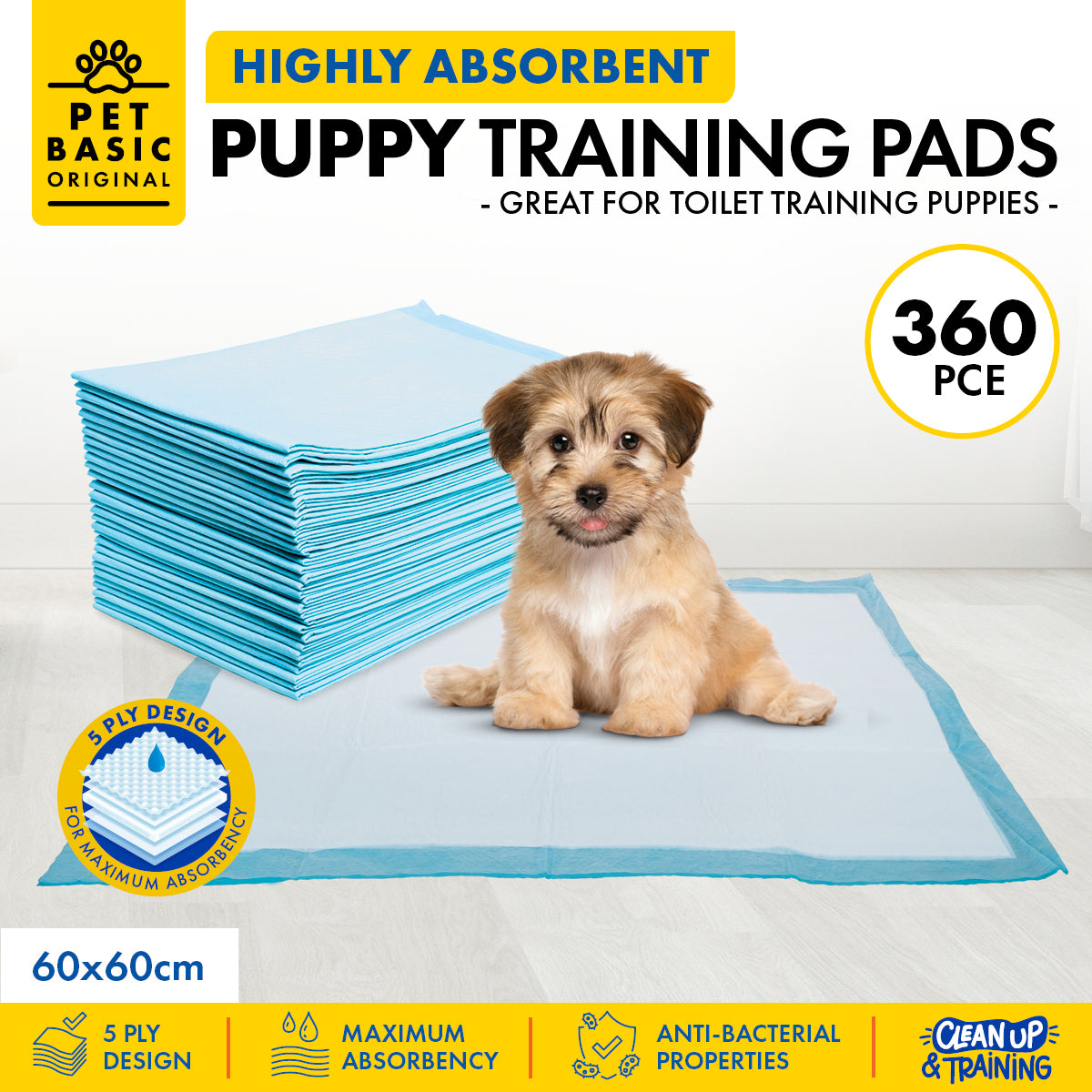 Pet Basic 360PCE 60cm Puppy Training Pads Highly Absorbent 5 Ply Design
