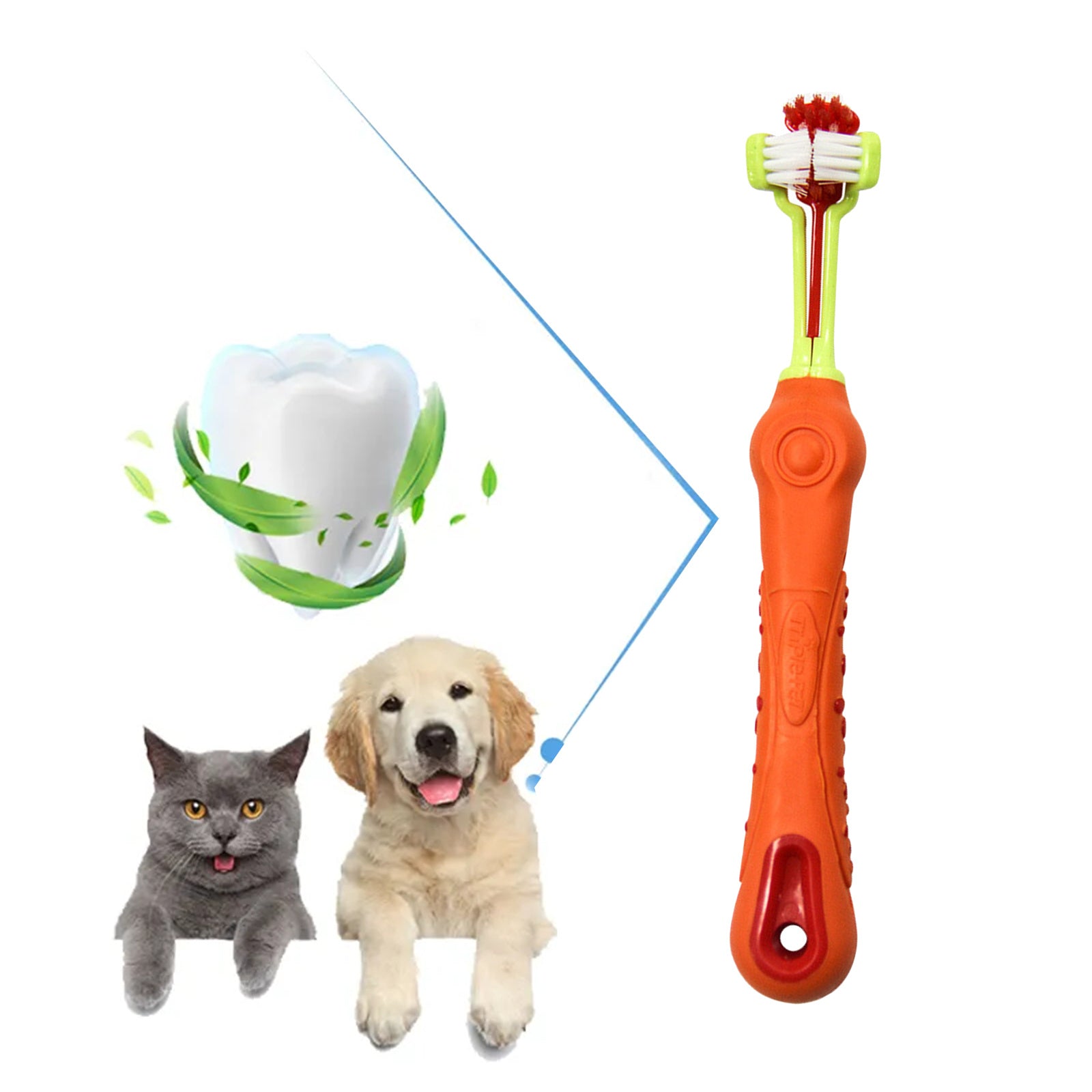 Pawfriends Pet Three-Head Multi-Angle Dog Cat Toothbrush Oral Cleaning Product Orange